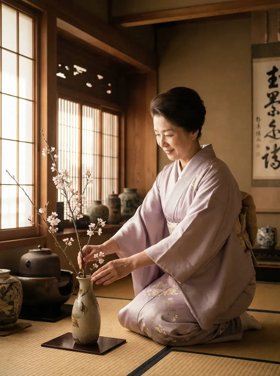 一位优雅的 辉煌国际平台 在和室中插花
